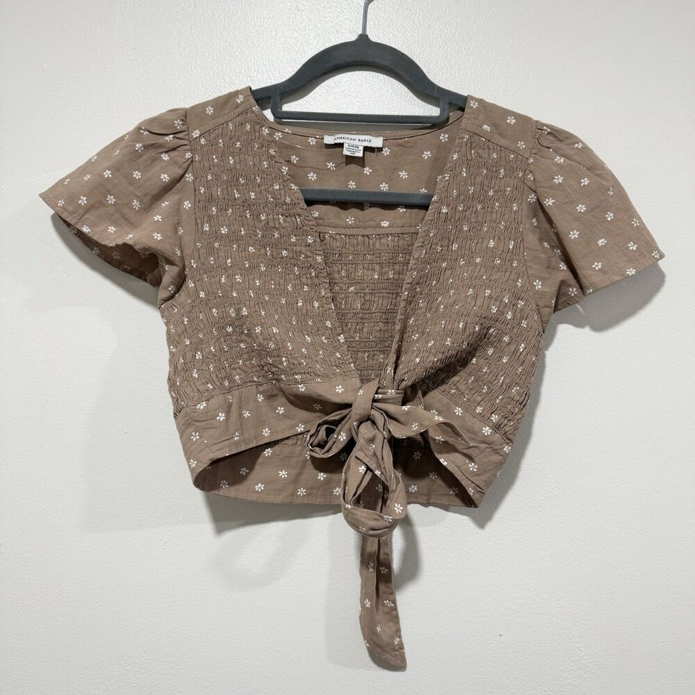 American Eagle NWOT Tan Smocked Fairy Floral Print Front Tie Crop Top Sz Small